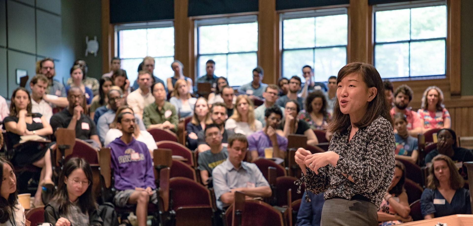 Ju Yon Kim, plenary speaker at the Bok Center’s Fall Teaching Conference in 2019, in Sever Hall.